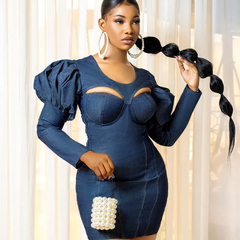 Women Fashion Cut Out Puff Sleeve Bodycon Dress