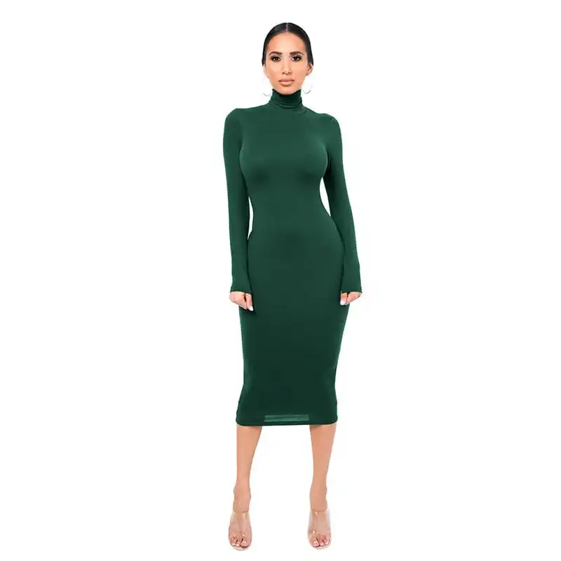 Women Fashion Solid Color Turtle Neck Long Sleeve Dress