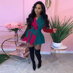 Women Fashion Color Blocking Lapel Buttoned Dress