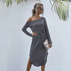 Women Fashion Solid Color Side-Slit Long Sleeve Dress