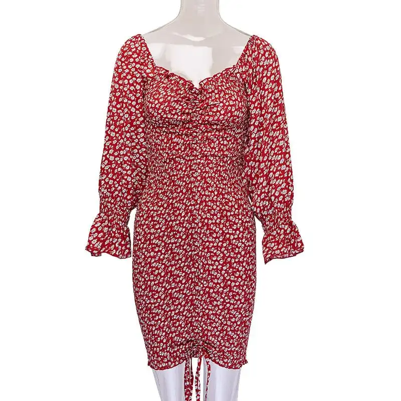 Women Fashion Floral Printed Ruffled Crease Dress