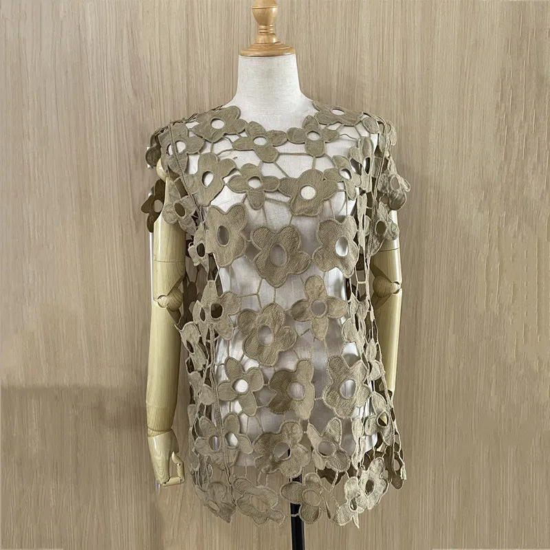 Fashion Women Simple Loose Fashion Hollow Out Lace Sleeveless Blouse