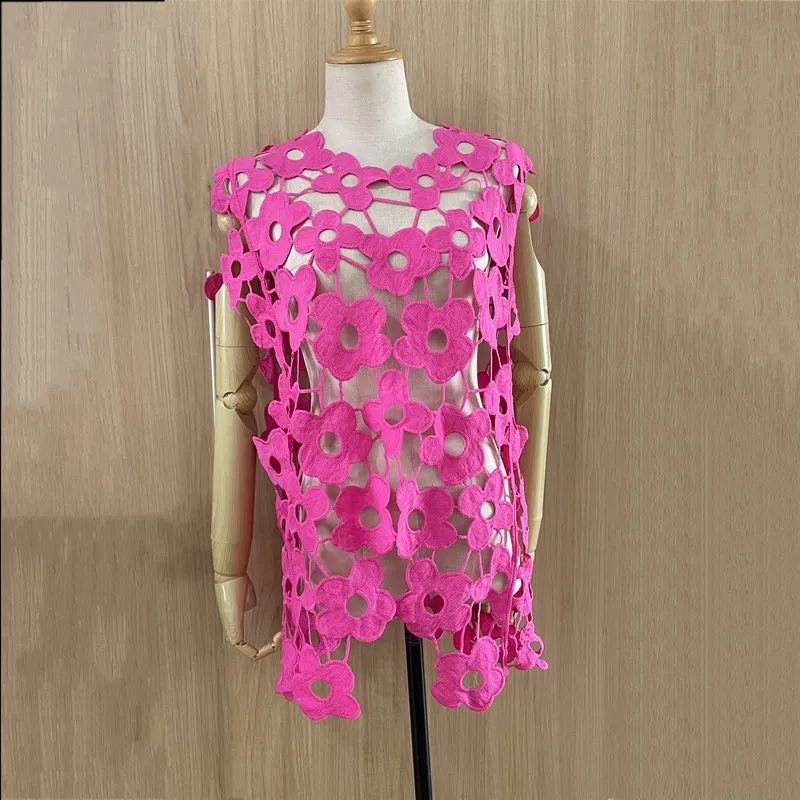 Fashion Women Simple Loose Fashion Hollow Out Lace Sleeveless Blouse