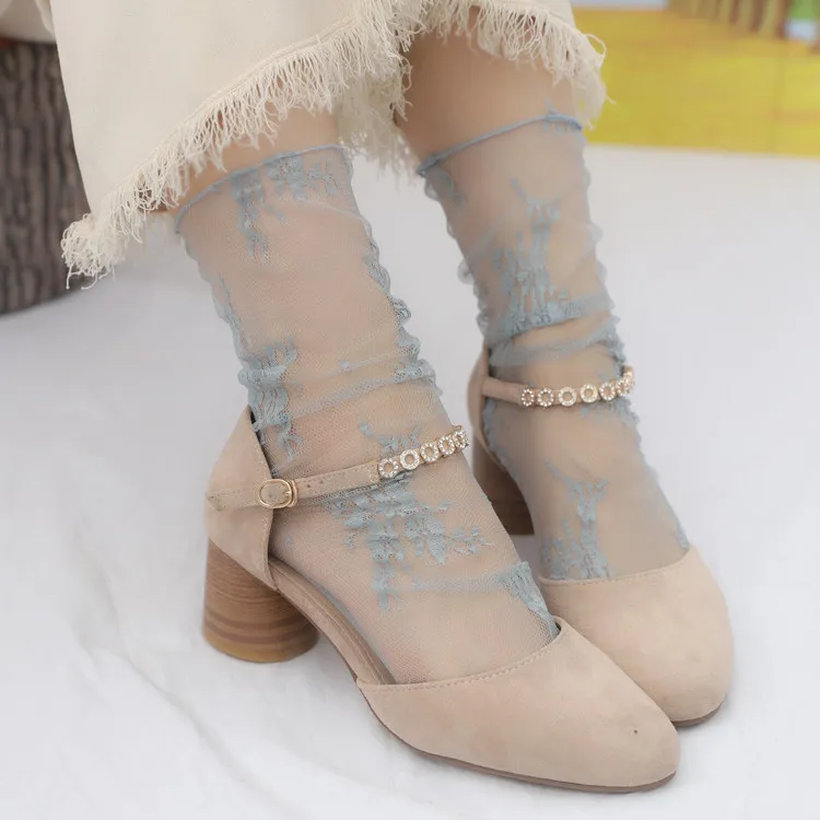 Fashion Solid Color Sweet Lace Women Ultra-Thin Stacked Mesh Socks
