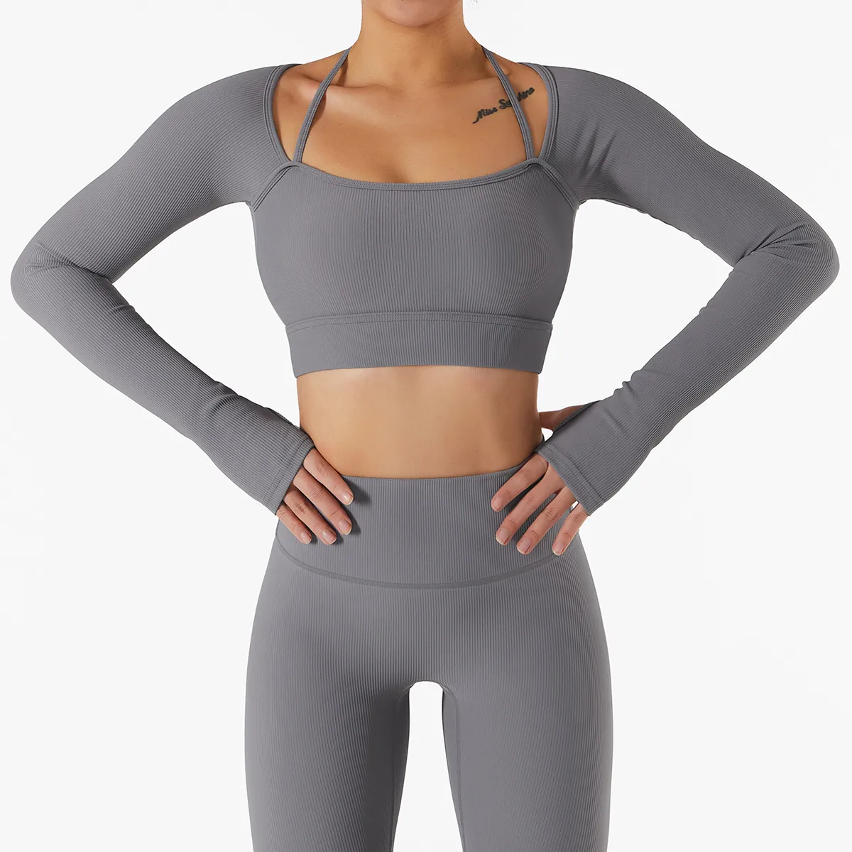 Women'S Fashion Solid Color Halter Neck Slim-Fit Fitness Tight Sports Long Sleeve Top