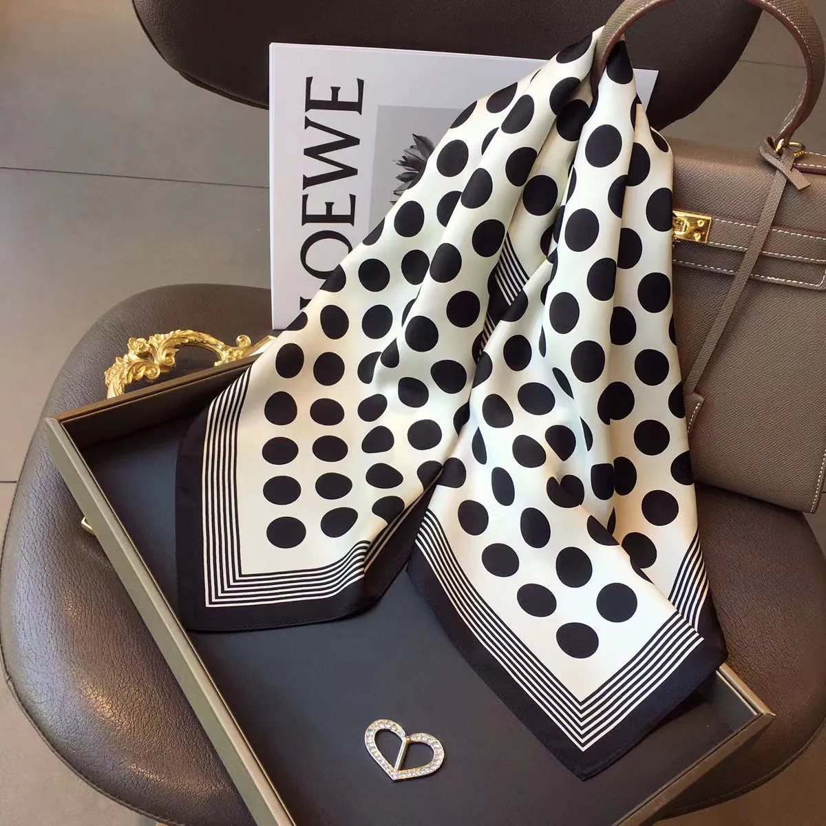 Spring And Summer Fashion Women Elegant Black White Polka Dot Silk Like Satin Scarf