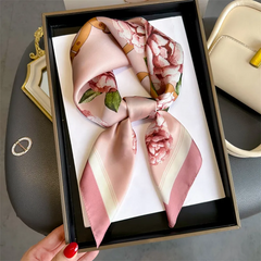 Pink Rose Flower Printed Silk Like Satin 70cm Square Scarf