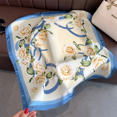 Pink Rose Flower Printed Silk Like Satin 70cm Square Scarf