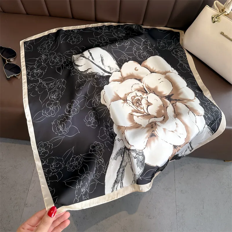 Pink Rose Flower Printed Silk Like Satin 70cm Square Scarf