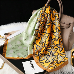 Fashion Stitching Orange Maple Leaf Imitation Silk 70 Square Scarf