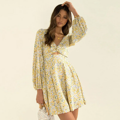 Women Sweet Lantern Sleeve Cut Out V Neck Dress