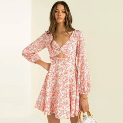 Women Sweet Lantern Sleeve Cut Out V Neck Dress