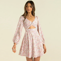 Women Sweet Lantern Sleeve Cut Out V Neck Dress