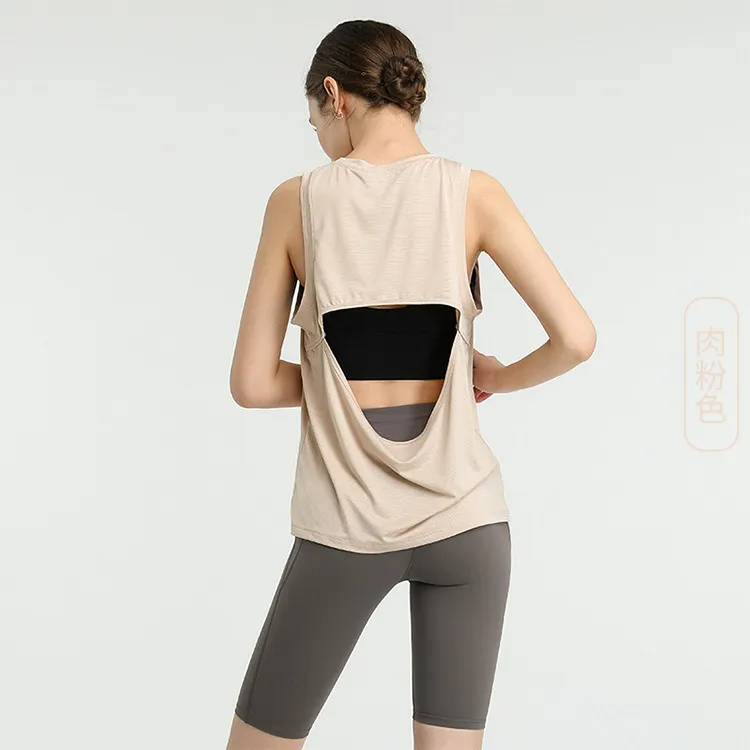 Women Casual Loose Solid Color Round Neck Sleeveless Back Cut Out Sports Tank Top