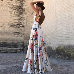 Neck Backless Sleeveless Floral Print Boho Maxi Dress