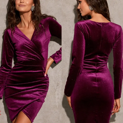 V-Neck Long-Sleeved Slit Slim-Fit Shiny Velvet Solid Dress