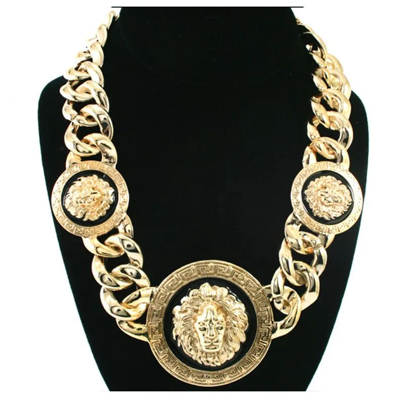 Men Exaggerated Large Size Alloy Chain Enameles Lion Head Necklace