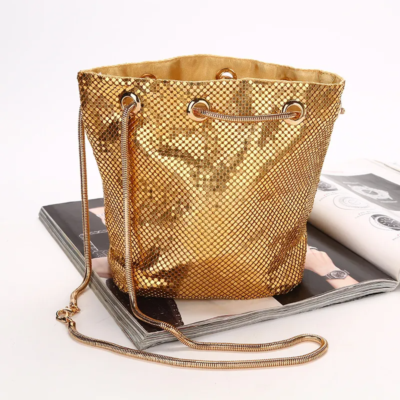 Women Chic Sequin Design Solid Color Shoulder Handle Drawstring Evening Bag