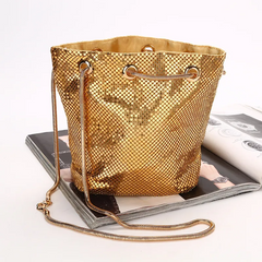 Women Chic Sequin Design Solid Color Shoulder Handle Drawstring Evening Bag