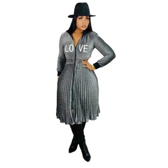 Woman Fashion Embroidery Drawstring Waist Pleated Dress