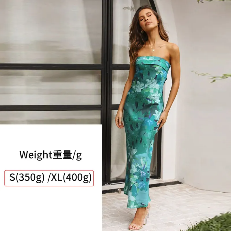 Women Temperament Floral Print Strapless Maxi Dress