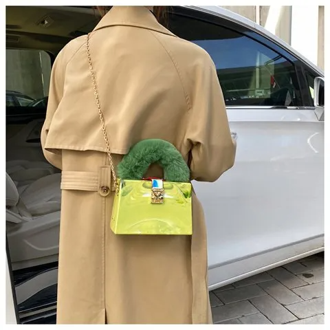 Women Chic Chain Design Stone Pattern Square Shoulder Handle Bag
