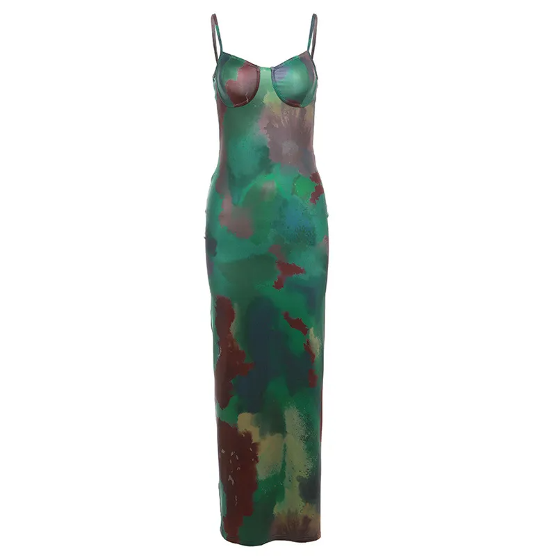 Women Sexy Vintage Print Strap Backless Bodycon Dress