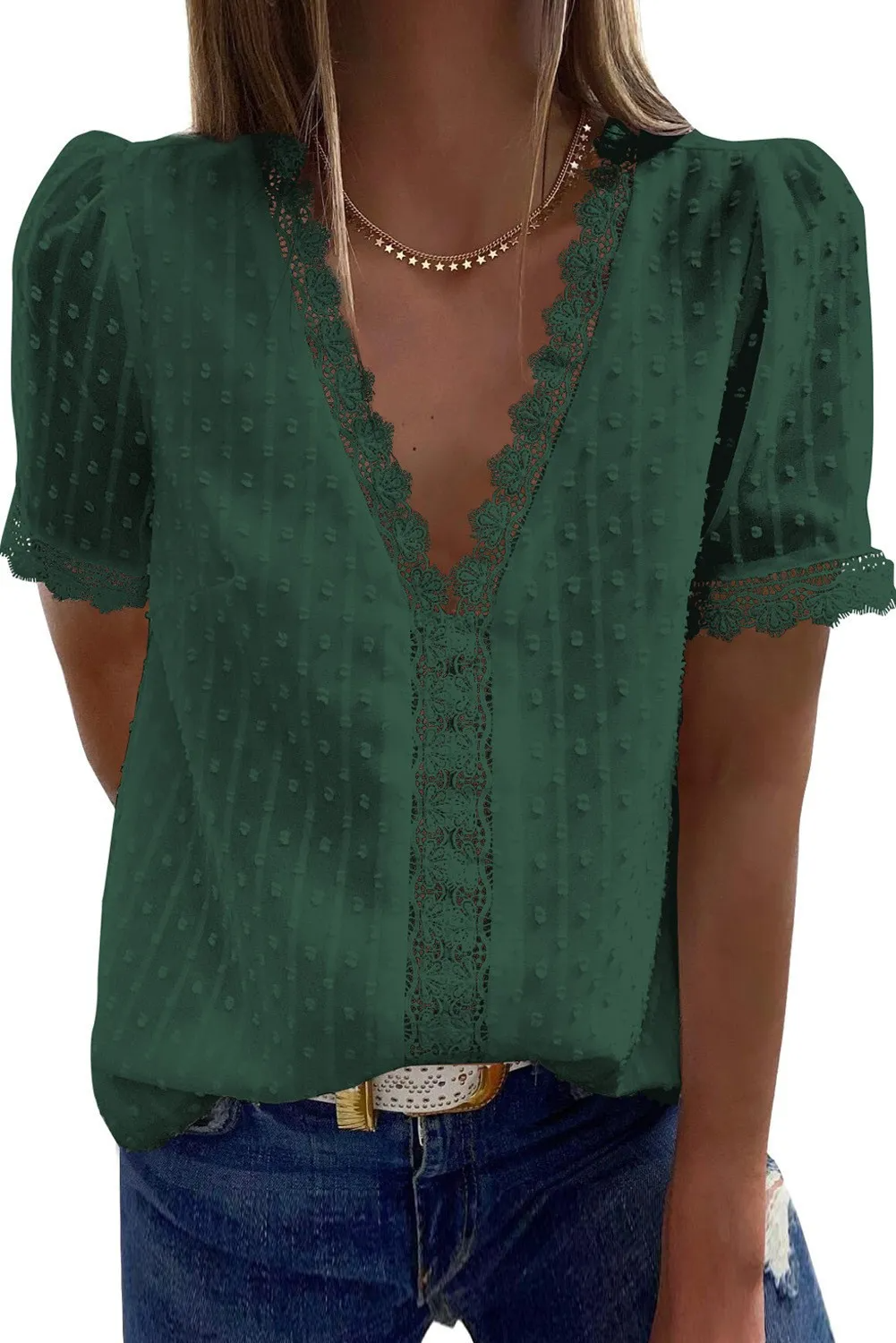 Deep V-Neck Chiffon Shirt Embroidered Lace Short Sleeve Women Blouse