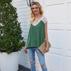 Women V-Neck Short-Sleeve Lace Patchwork Loose Blouse