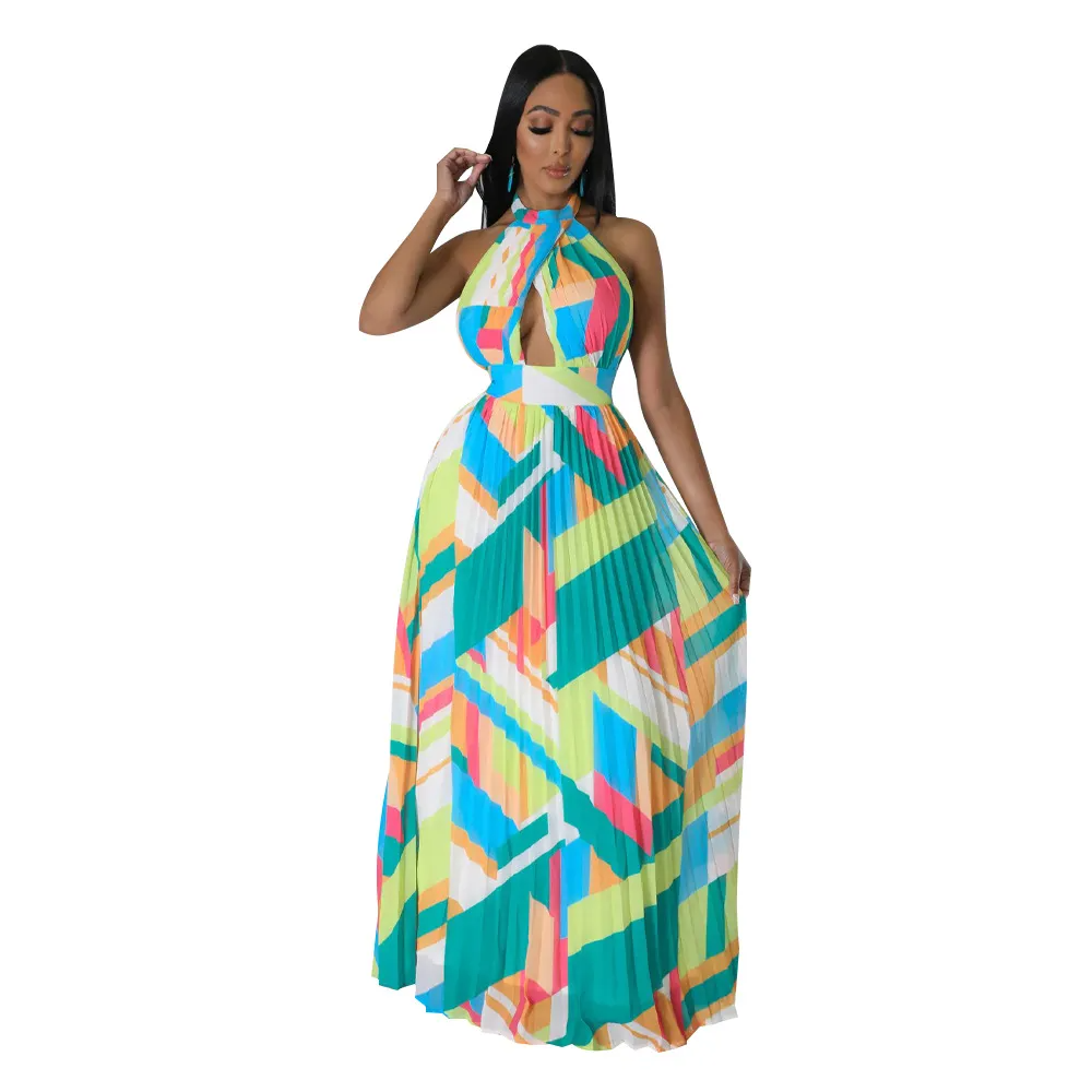 Women Fashion Halter Neck Backless Pleated Sleeveless Maxi Dress