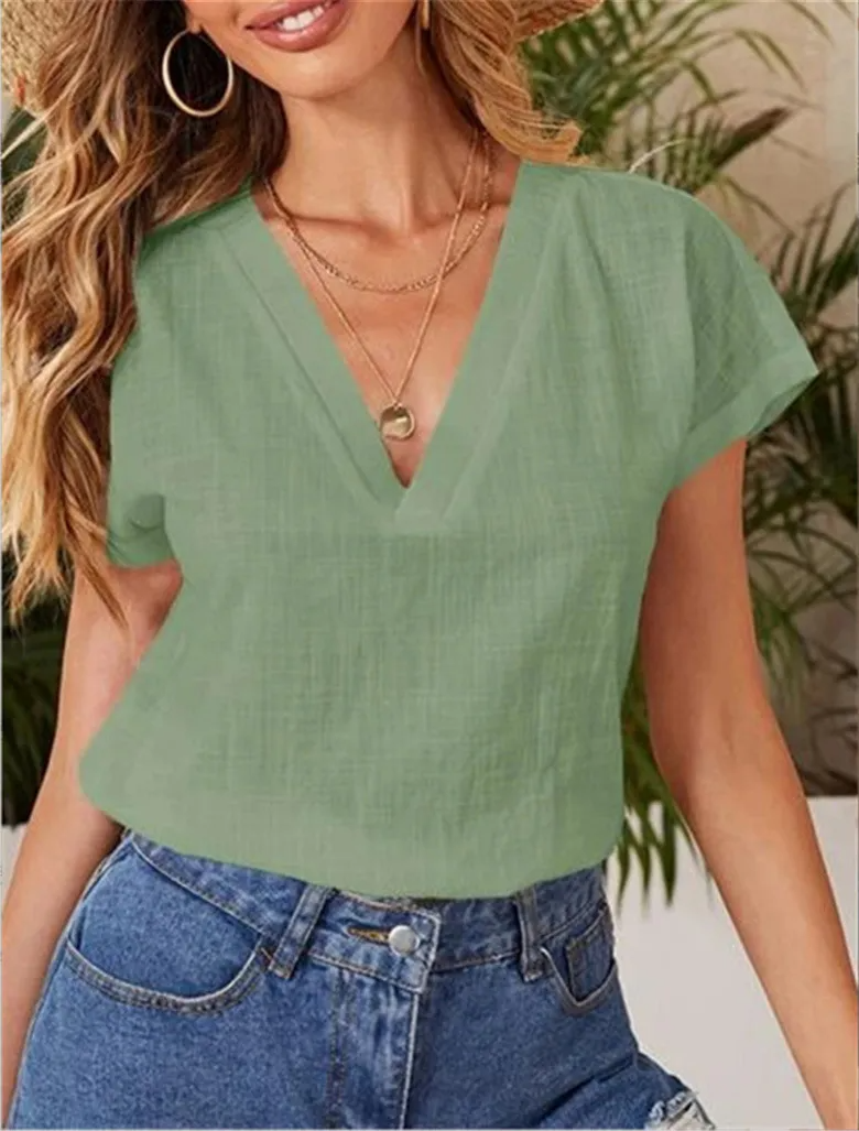 Women Casual Summer Solid Color Loose Short-Sleeved V Neck Short-Sleeved Blouse