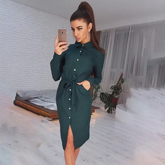 Women Fashion Solid Color Single-Breasted Long Sleeve Shirt Dress