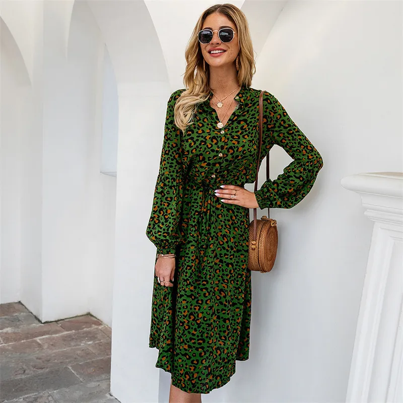 Women Leopard Printed Long Sleeve Dress