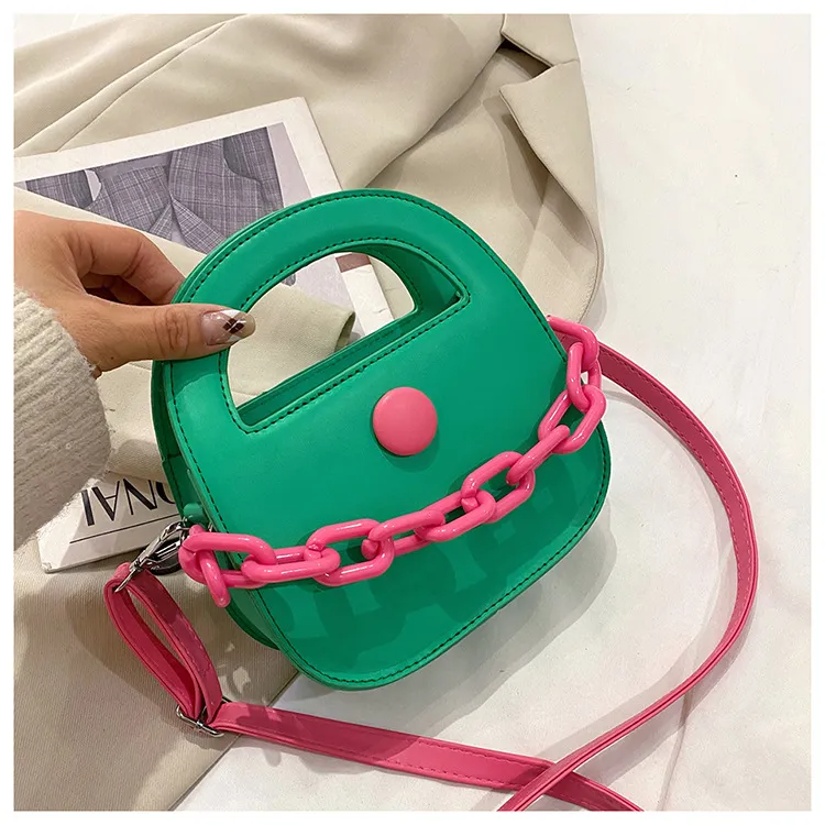 Women Casual Thick Chain Design Solid Color Shoulder Handle Bag