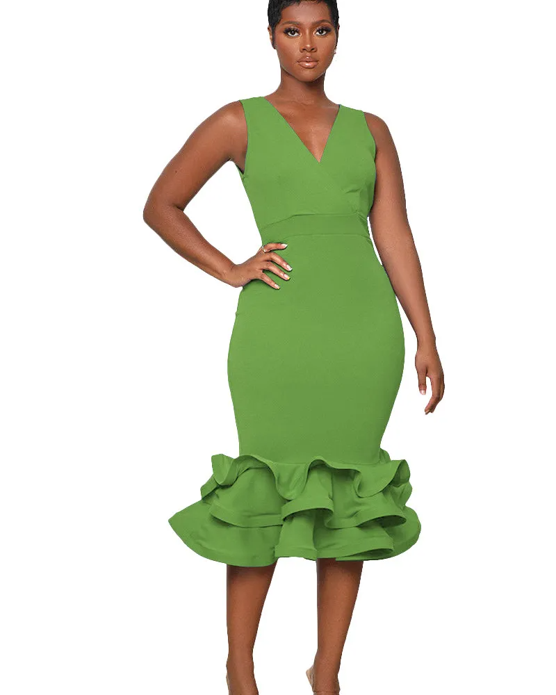 Women Fashion Sleeveless V-Neck Solid Color Dress