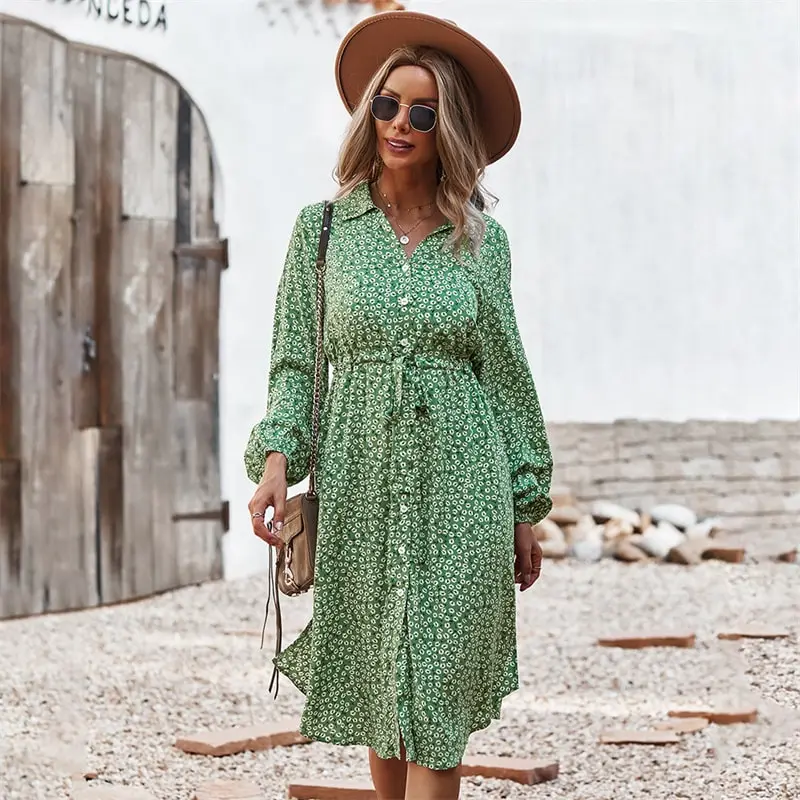 Women Fashion Tiny Flower Printed Single-Breasted Dress