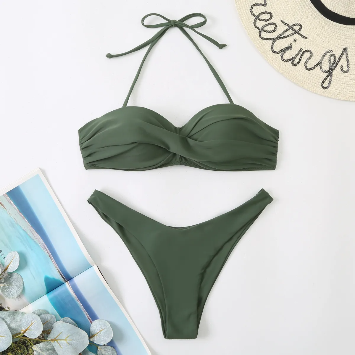 Women Fashion Sexy Halter Neck Tube Top Solid Color Swimsuit Two-Piece Set