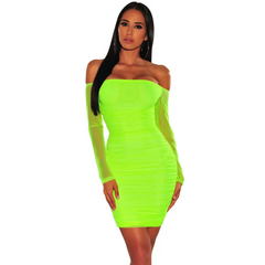 Women Sexy Solid Color Off Shoulder Long Sleeve Back Zipper Creased Dress