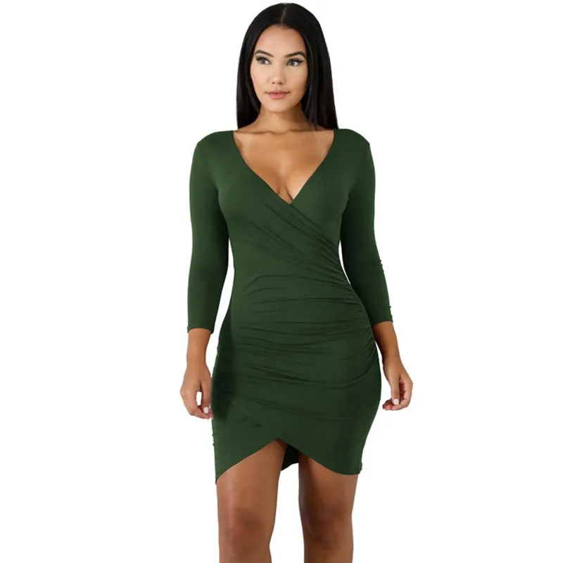 Women Solid Color Off Shoulder Long Sleeve Creased Wrap Dress