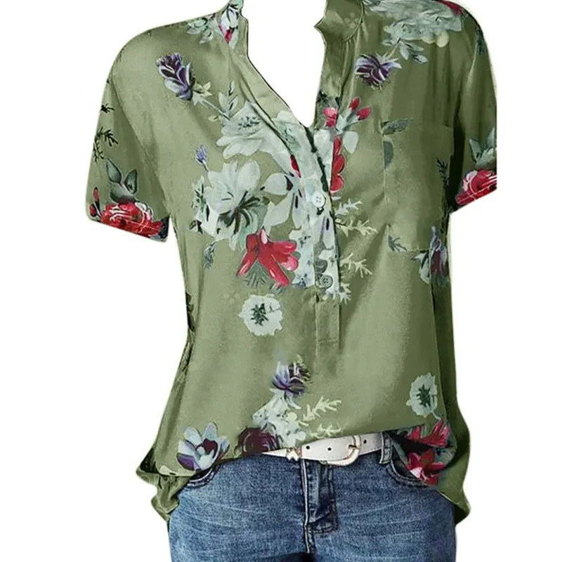 Women Elegant Fashion Loose Casual Short Sleeves Tiny Flower Print V Neck Blouse