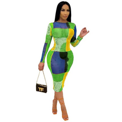 Women Fashion Color Blocking Long Sleeve Dress