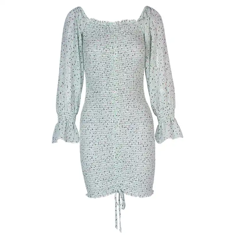 Women Fashion Floral Printed Ruffled Crease Dress
