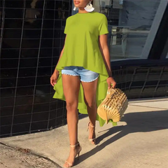 Women Fashion Solid Color Irregular High Low Hemline Blouse