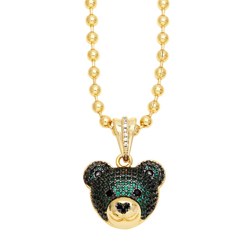 Women Fashion Cute Full Diamond Bear Head Pendant Necklace