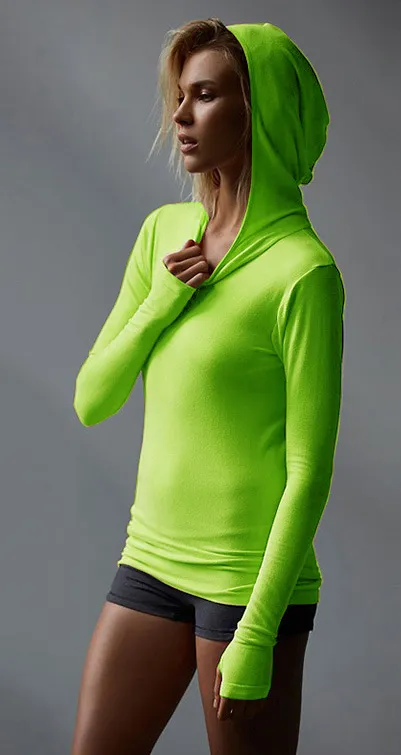 Women Casual Stretch Hooded Long Sleeve Mittens Running Sports Sweatshirt