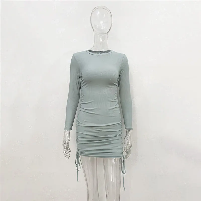 Women Fashion Solid Color Drawstring Bodycon Dresses