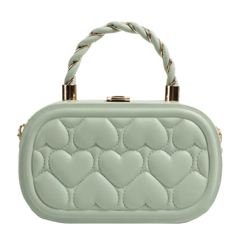 Women Fashion Solid Color Heart Quilted Lock Chain Handle Crossbody Bag