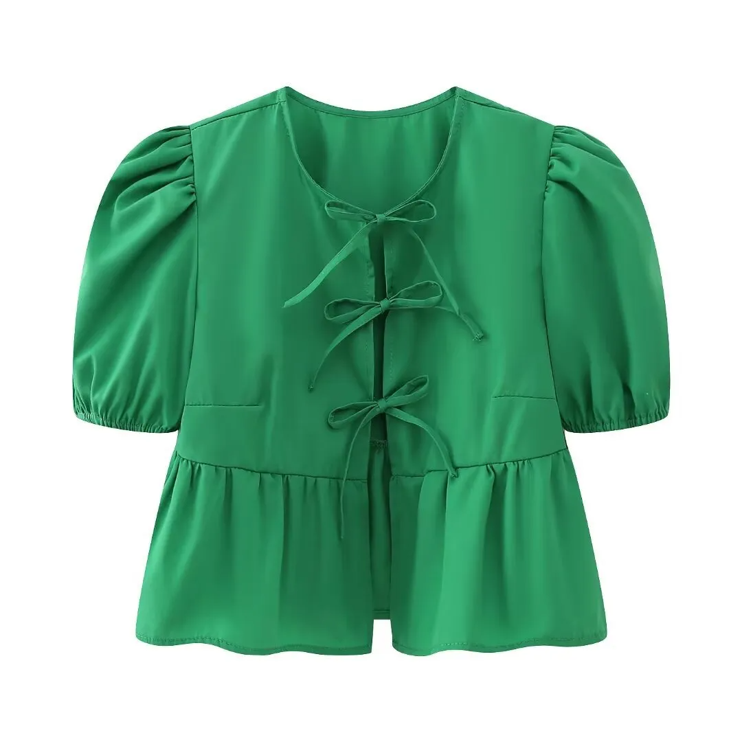 Women Sweet Casual Puff Sleeve Bow Knot Ruffled Stripe Leopard Blouse