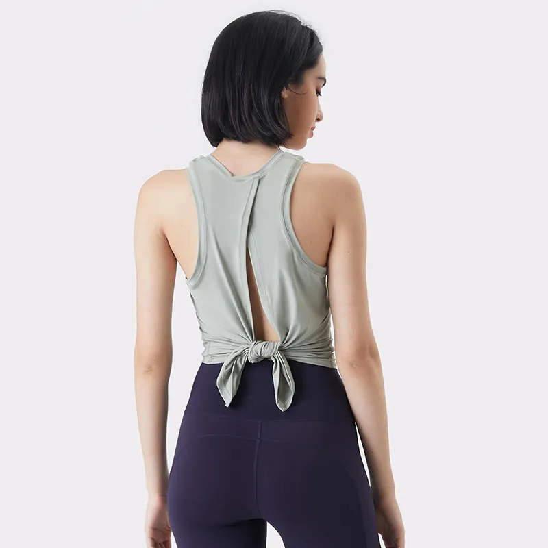 Women Casual Loose Solid Color Round Neck Sleeveless Back Split Sports Tank Top