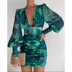 Women Fashion Flower Print Long Sleeve Pleated Bodycon Dress